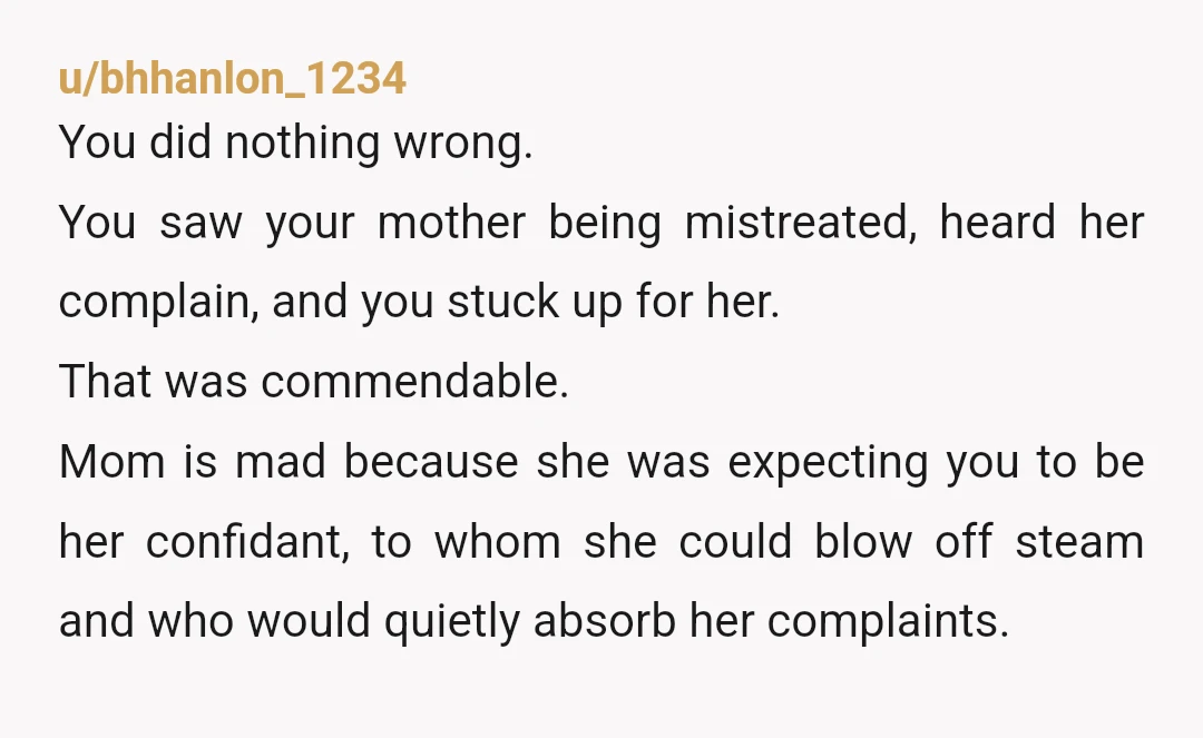 u/LinwoodKei You're not your mother's therapist - or her friend. You stood up for your mother who did not stand up for herself. I don't think that you did anything...
