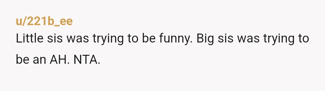 u/221b_ee
Little sis was trying to be funny. Big sis was trying to be an AH. NTA.