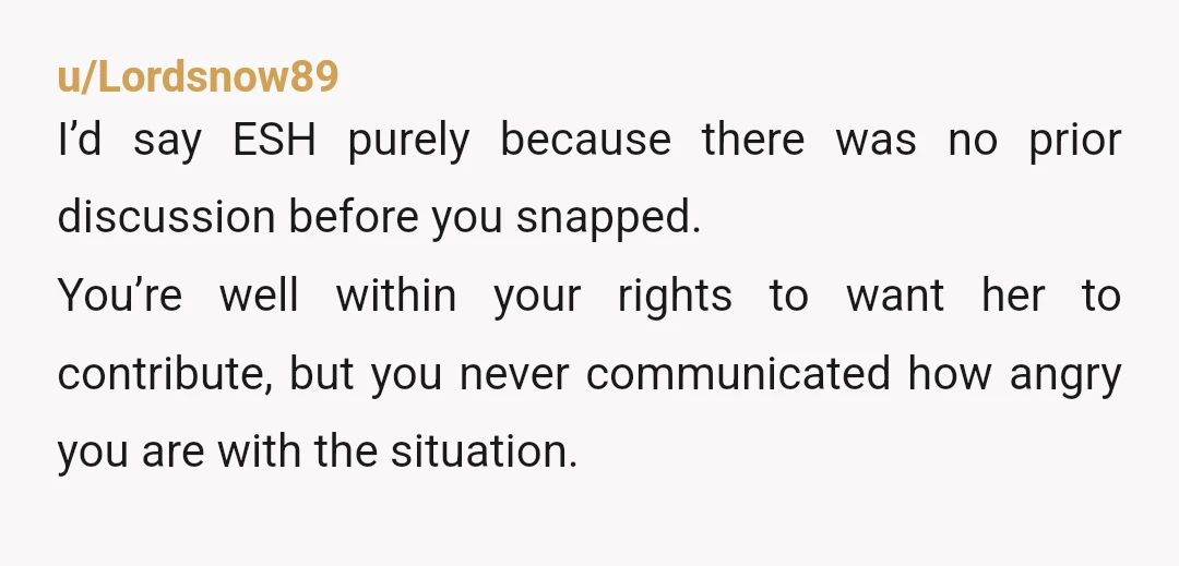 u/Lordsnow89 I’d say ESH purely because there was no prior discussion before you snapped. You’re well within your rights to want her to contribute, but you never communicated how angry...