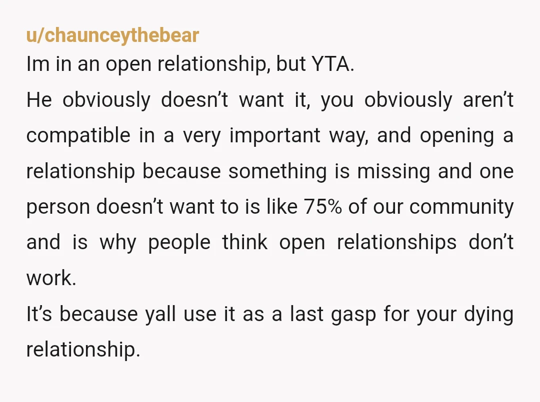 u/carmackie
YTA
He said no. If you are incompatible, just leave. Stop torturing the man.