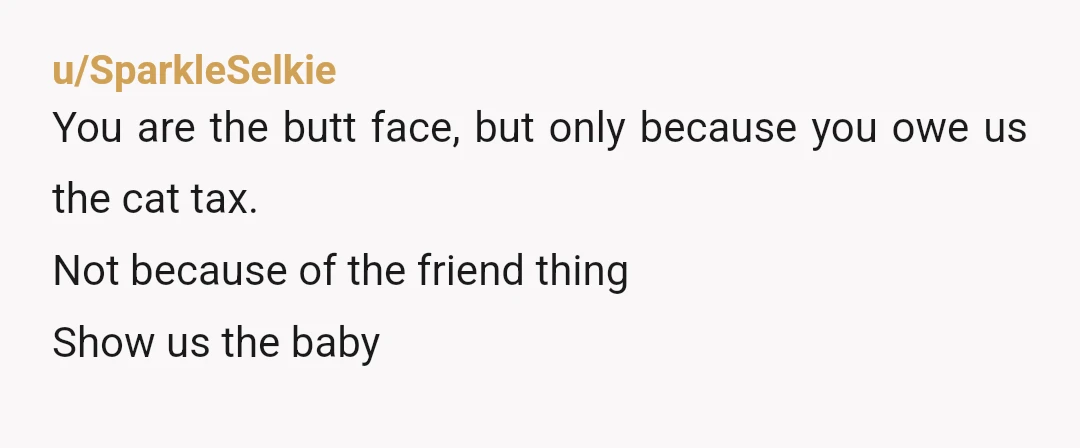 u/SparkleSelkie
You are the butt face, but only because you owe us the cat tax.
Not because of the friend thing
Show us the baby