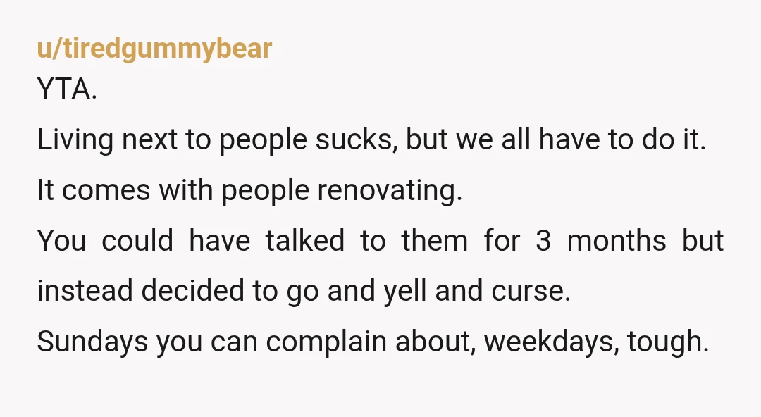 u/this_is_an_alaia YTA if you'd politely gone over and asked them to not have construction on Sunday I'd have a different answer. But you yelled at them for doing construction they're...