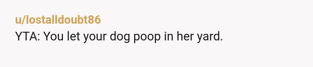 u/lostalldoubt86
YTA: You let your dog poop in her yard.