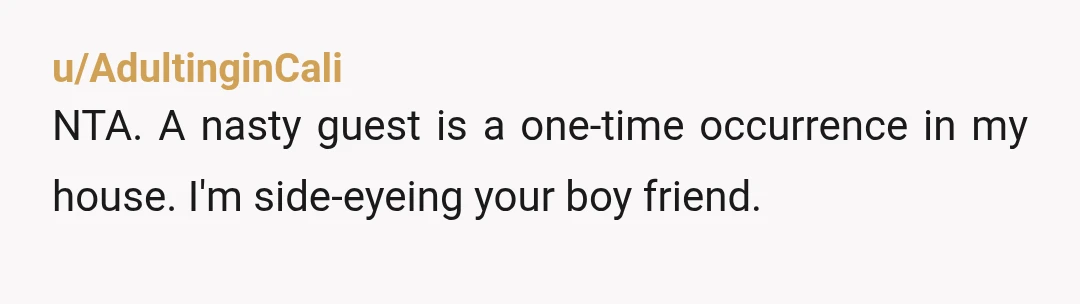 u/AdultinginCali
NTA.   A nasty guest is a one-time occurrence in my house.  I'm side-eyeing your boy friend.