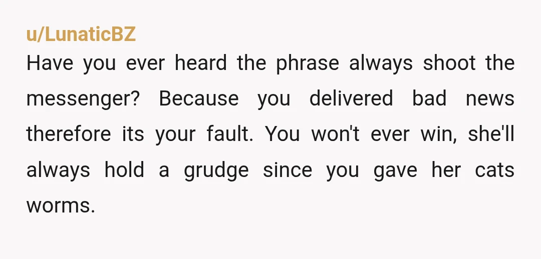 u/LunaticBZ Have you ever heard the phrase always shoot the messenger? Because you delivered bad news therefore its your fault. You won't ever win, she'll always hold a grudge since...