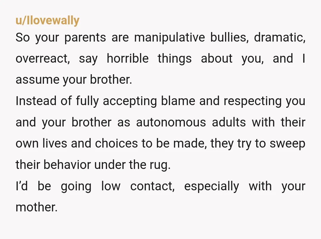 u/justmommingmywaythru NTA. Look OP, it sounds like you are so used to being screamed at, blamed and belittled by your parents that as soon as they prod the right buttons,...