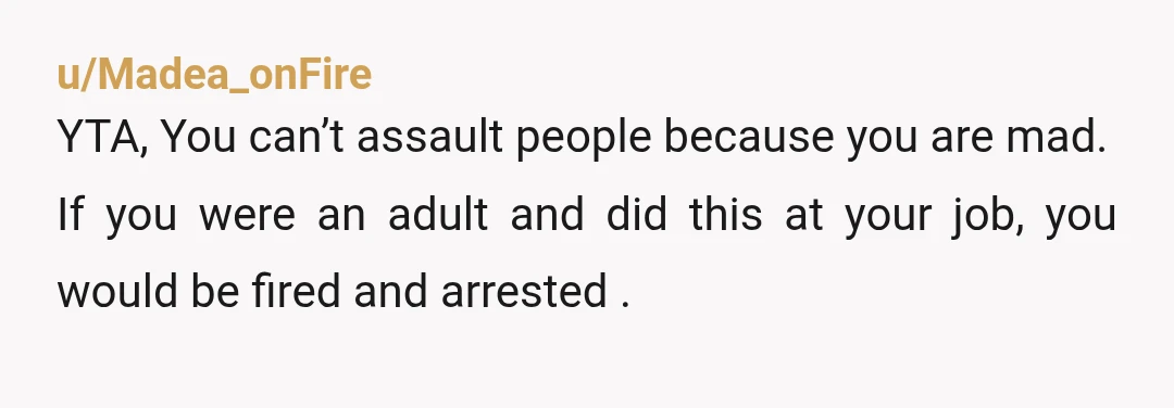 u/Madea_onFire
YTA, You can’t assault people because you are mad.
If you were an adult and did this at your job, you would be fired and arrested .