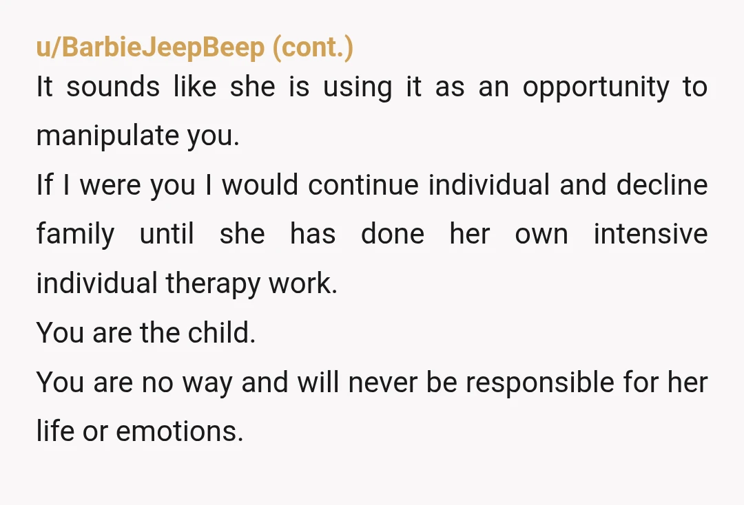 u/lucillewalterblack She doesn’t care about you enough to put your needs and wants first, and you should not feel guilty about wanting very little contact with her or not giving...