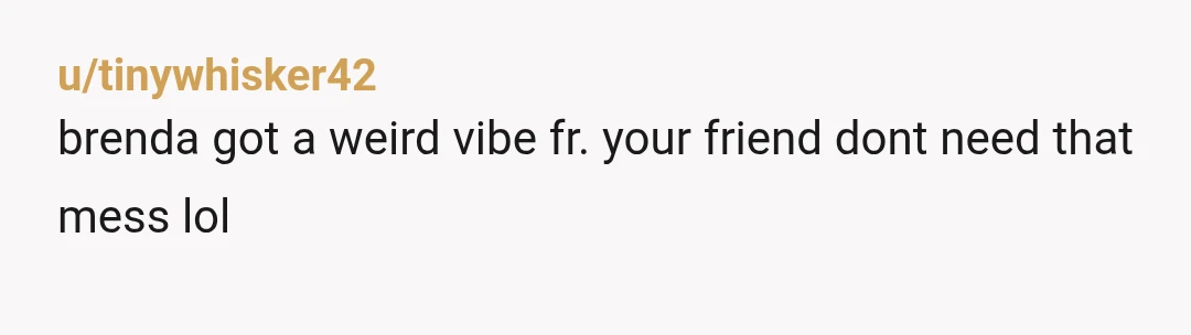 u/tinywhisker42
brenda got a weird vibe fr. your friend dont need that mess lol