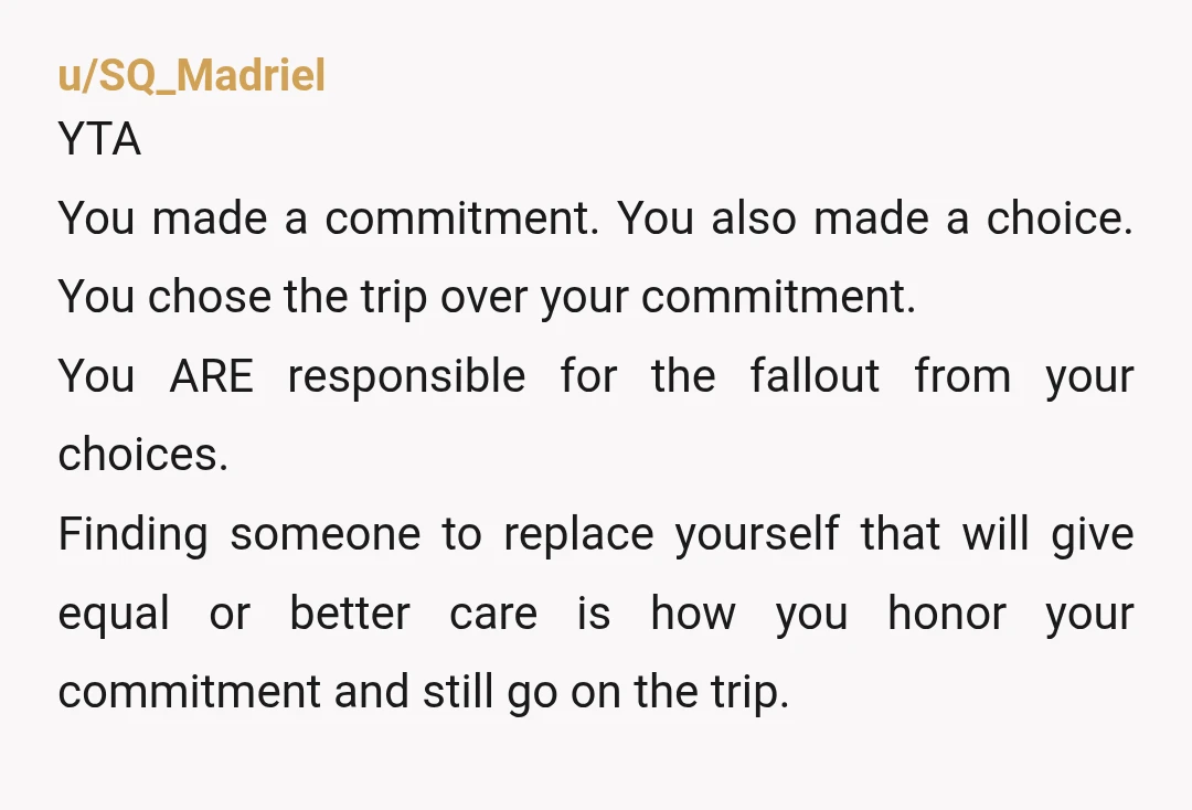 u/SQ_Madriel YTA You made a commitment. You also made a choice. You chose the trip over your commitment. You ARE responsible for the fallout from your choices.  Finding someone to...