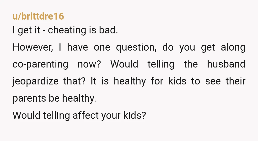 u/brittdre16 I get it - cheating is bad. However, I have one question, do you get along co-parenting now? Would telling the husband jeopardize that? It is healthy for kids...