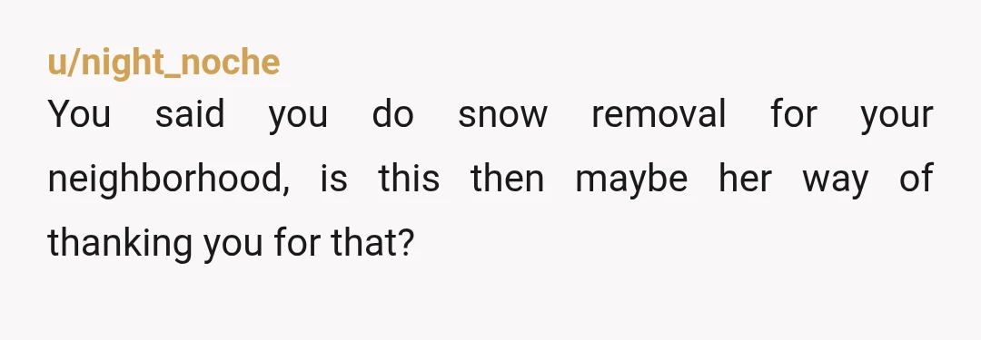 u/night_noche
You said you do snow removal for your neighborhood, is this then maybe her way of thanking you for that?