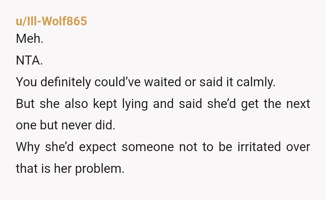 u/Ill-Wolf865 Meh. NTA. You definitely could’ve waited or said it calmly. But she also kept lying and said she’d get the next one but never did. Why she’d expect someone...