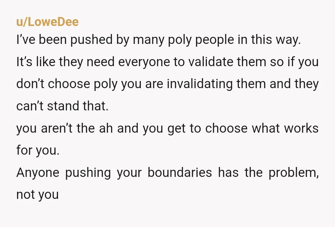 u/LoweDee I’ve been pushed by many poly people in this way. It’s like they need everyone to validate them so if you don’t choose poly you are invalidating them and...
