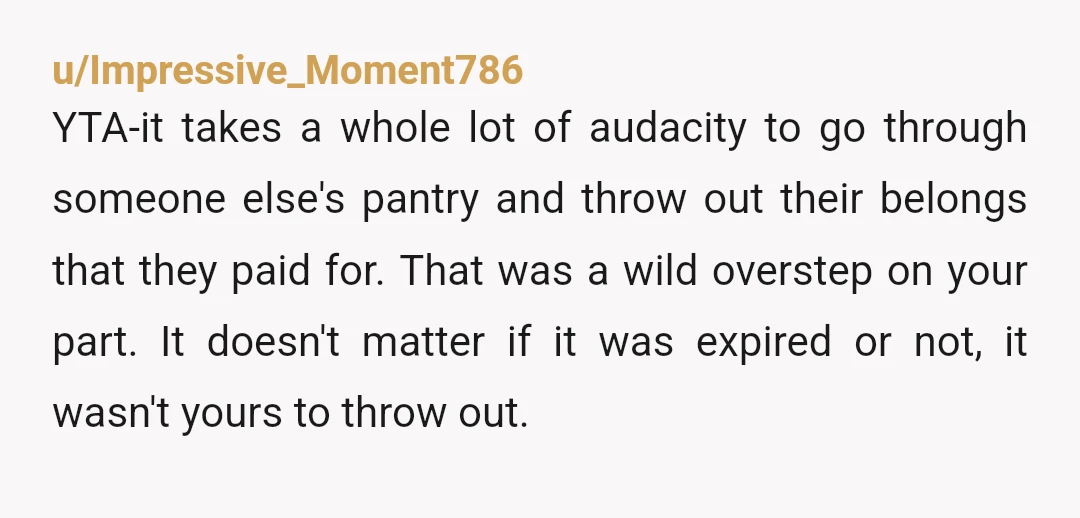 u/Impressive_Moment786 YTA-it takes a whole lot of audacity to go through someone else's pantry and throw out their belongs that they paid for. That was a wild overstep on your...