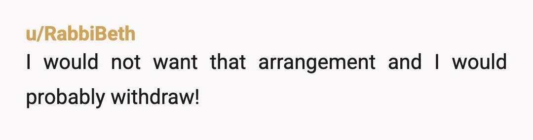 u/RabbiBeth
I would not want that arrangement and I would probably withdraw!