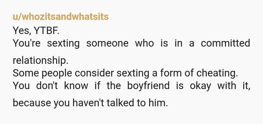 u/whozitsandwhatsits Yes, YTBF. You're sexting someone who is in a committed relationship. Some people consider sexting a form of cheating. You don't know if the boyfriend is okay with it,...