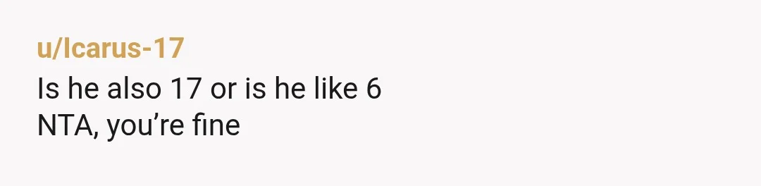 u/Icarus-17
Is he also 17 or is he like 6
NTA, you’re fine