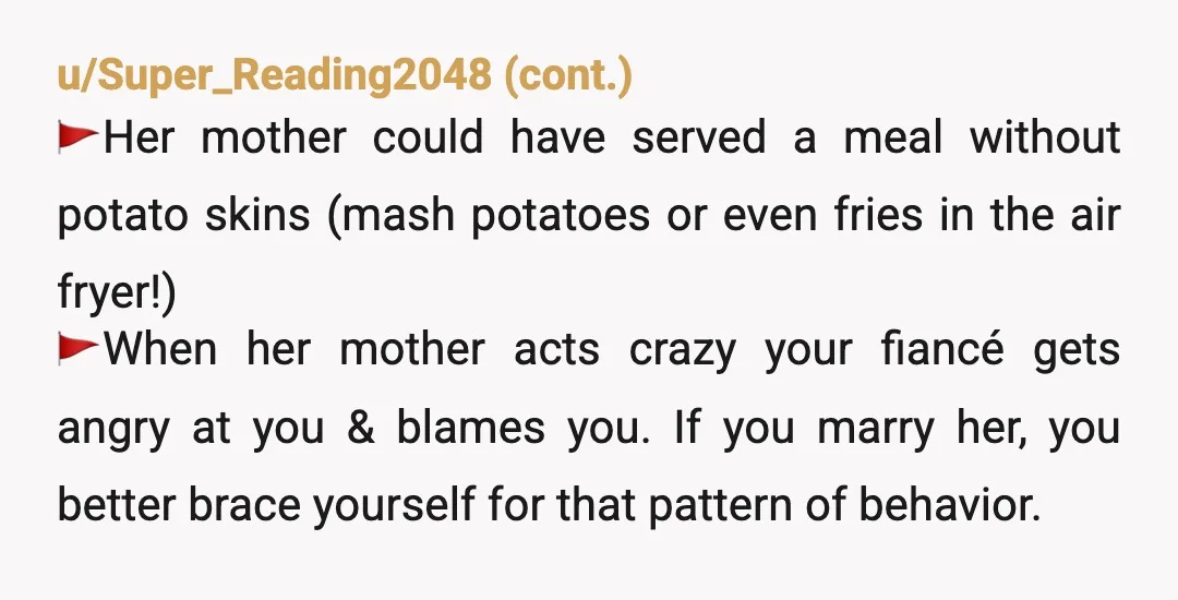 u/Interesting_Wing_461
I love that part of a baked potato.
Why did she bother serving it. She could have made mashed potatoes.