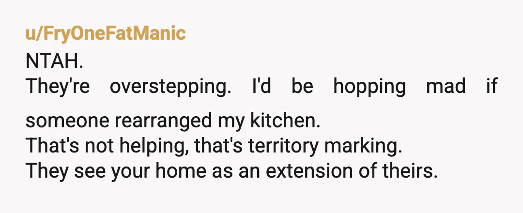 u/FryOneFatManic
NTAH.
They're overstepping. I'd be hopping mad if someone rearranged my kitchen.
That's not helping, that's territory marking.
They see your home as an extension of theirs.