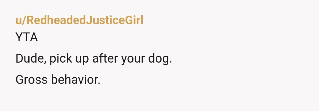 u/RedheadedJusticeGirl
YTA
Dude, pick up after your dog.
Gross behavior.