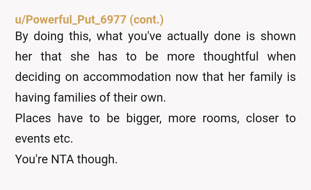 u/Pretty-in-pink_14 NTA. Your mom having hurt feelings is literally her own doing. She booked something without showing anyone else and didn’t even make sure the house had some of the...