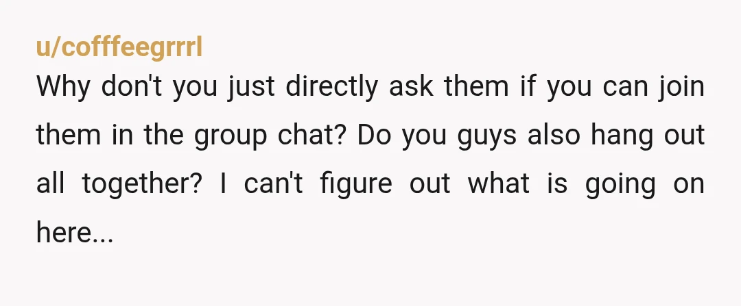 u/cofffeegrrrl Why don't you just directly ask them if you can join them in the group chat? Do you guys also hang out all together? I can't figure out what...