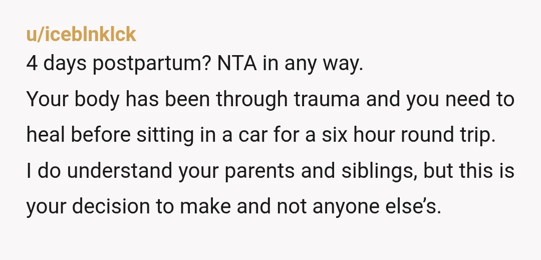 u/iceblnklck 4 days postpartum? NTA in any way. Your body has been through trauma and you need to heal before sitting in a car for a six hour round trip....