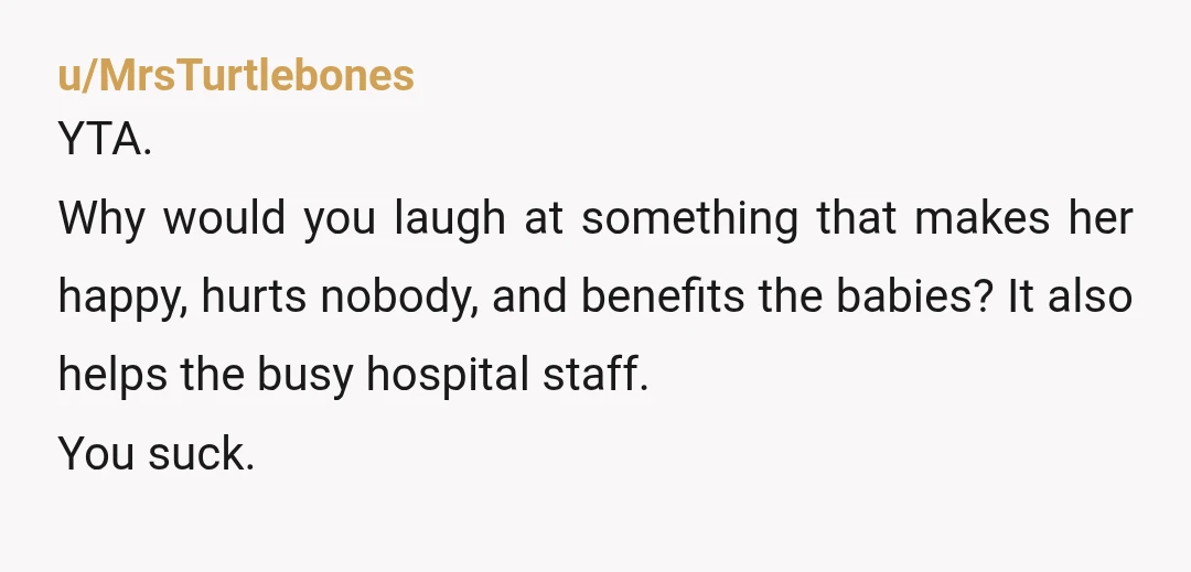 u/MrsTurtlebones
YTA.
Why would you laugh at something that makes her happy, hurts nobody, and benefits the babies? It also helps the busy hospital staff.
You suck.