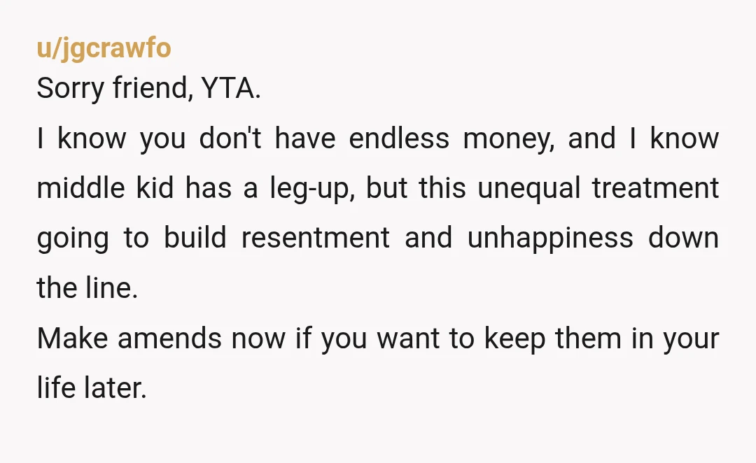 u/BlooperBoo YTA, its not your job to level the playing field, the world will do that to them just fine. Its your job to be their mother and treat them...