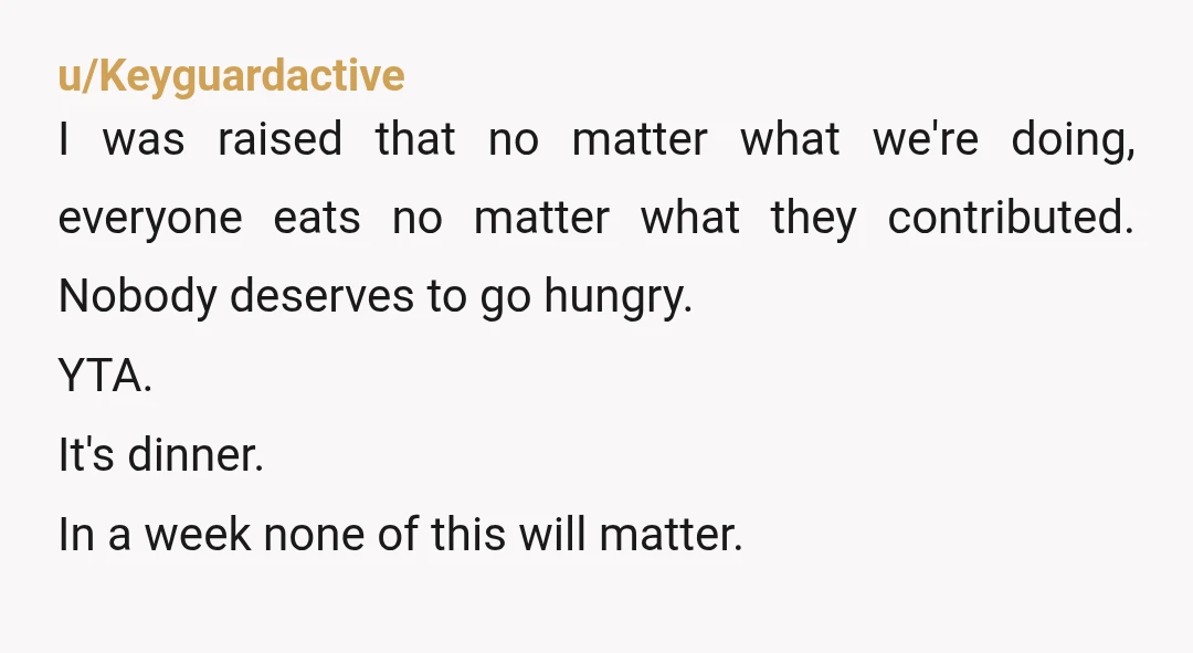 u/Keyguardactive I was raised that no matter what we're doing, everyone eats no matter what they contributed. Nobody deserves to go hungry. YTA. It's dinner. In a week none of...