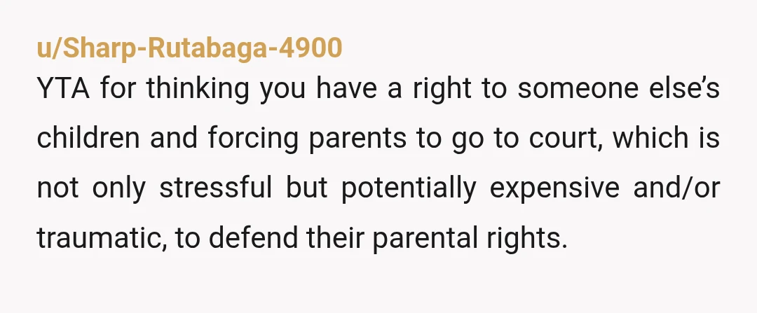 u/Careless_Stretch4797 YTA. those aren't your children and you have no claim. The kid's parents made the decision that they do not want you involved or around.... which is a parenting...