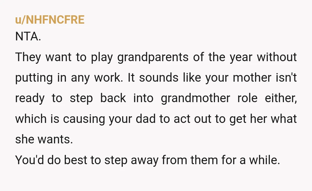 u/NHFNCFRE NTA. They want to play grandparents of the year without putting in any work. It sounds like your mother isn't ready to step back into grandmother role either, which...