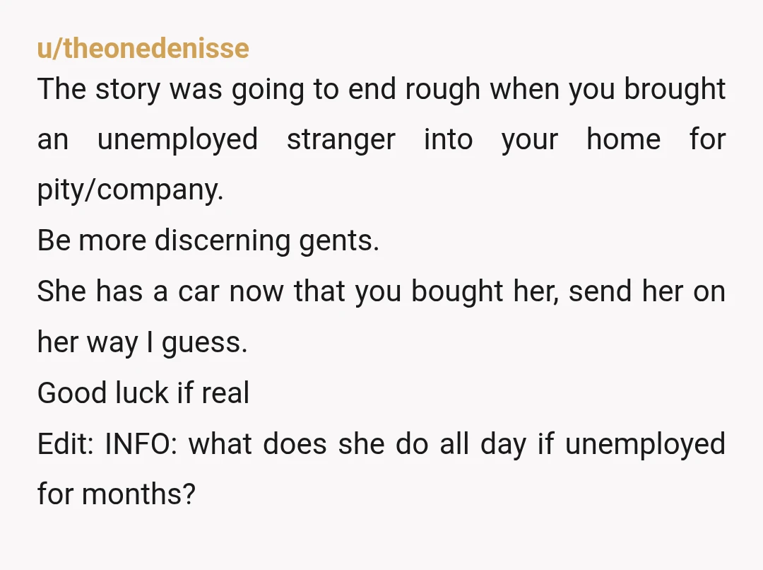u/theonedenisse The story was going to end rough when you brought an unemployed stranger into your home for pity/company. Be more discerning gents. She has a car now that you...