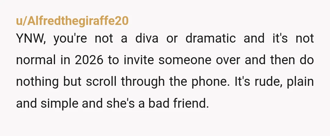u/Alfredthegiraffe20 YNW, you're not a diva or dramatic and it's not normal in 2026 to invite someone over and then do nothing but scroll through the phone. It's rude, plain...