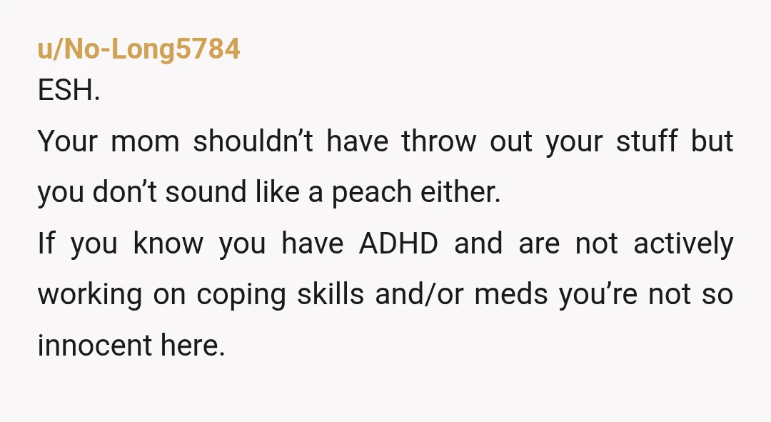 u/No-Long5784 ESH. Your mom shouldn’t have throw out your stuff but you don’t sound like a peach either. If you know you have ADHD and are not actively working on...