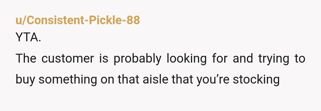 u/Consistent-Pickle-88
YTA.
The customer is probably looking for and trying to buy something on that aisle that you’re stocking