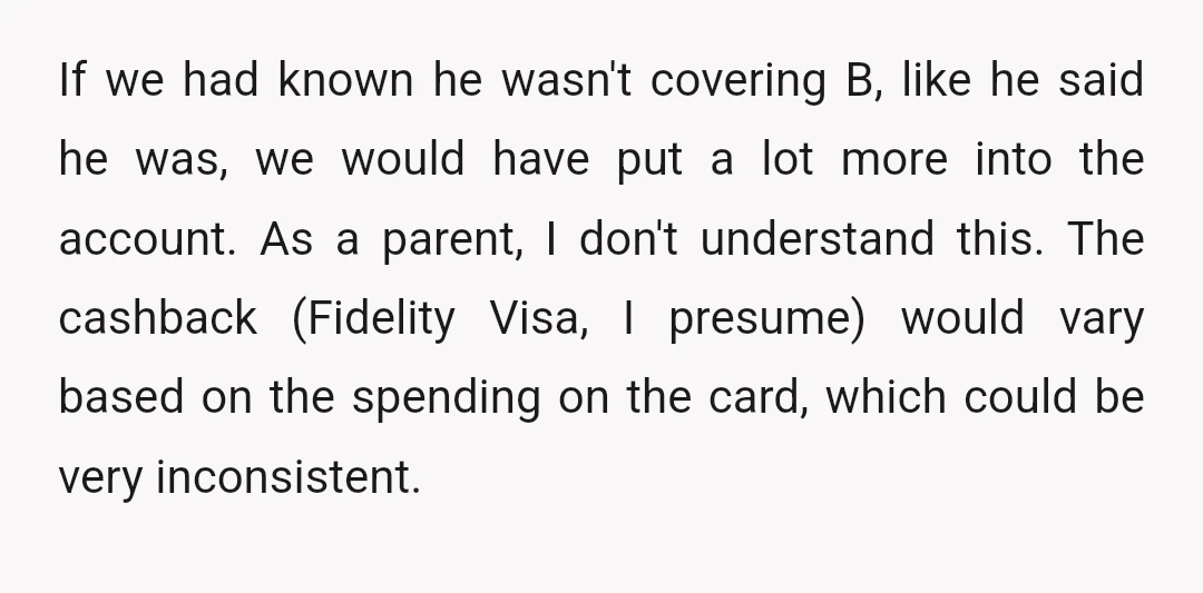 You'd have no idea what the savings were compared to what you were saving for A. Also, it's wild that you were counting on this whole vague plan. My dad,...