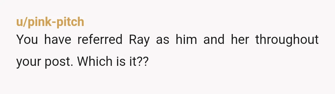 u/pink-pitch
You have referred Ray as him and her throughout your post. Which is it??