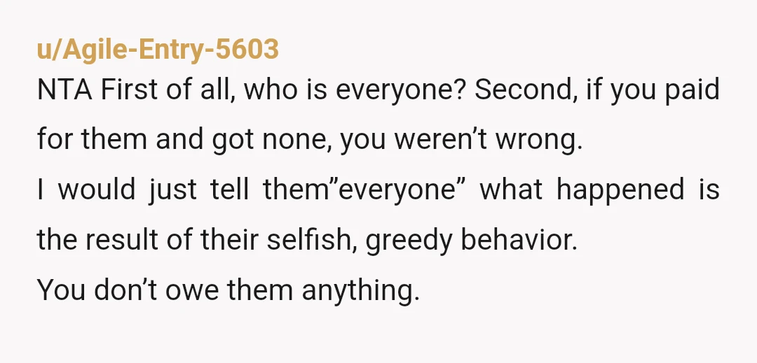 u/Agile-Entry-5603 NTA First of all, who is everyone? Second, if you paid for them and got none, you weren’t wrong. I would just tell them”everyone” what happened is the result...