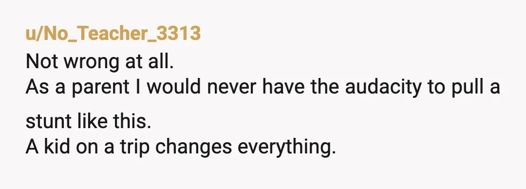 u/No_Teacher_3313
Not wrong at all.
As a parent I would never have the audacity to pull a stunt like this.
A kid on a trip changes everything.