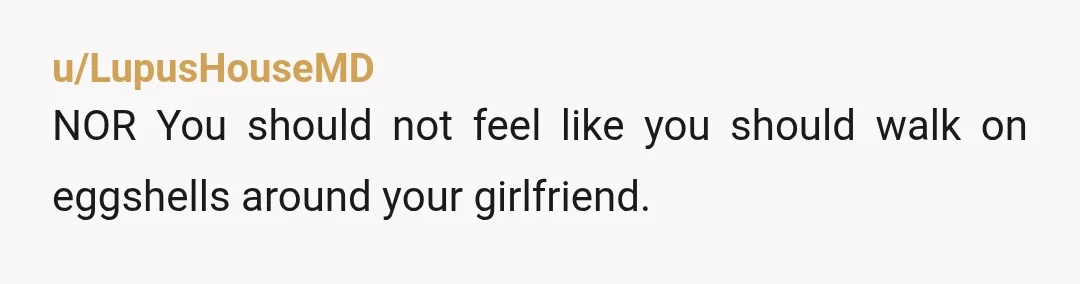 u/LupusHouseMD
NOR You should not feel like you should walk on eggshells around your girlfriend.