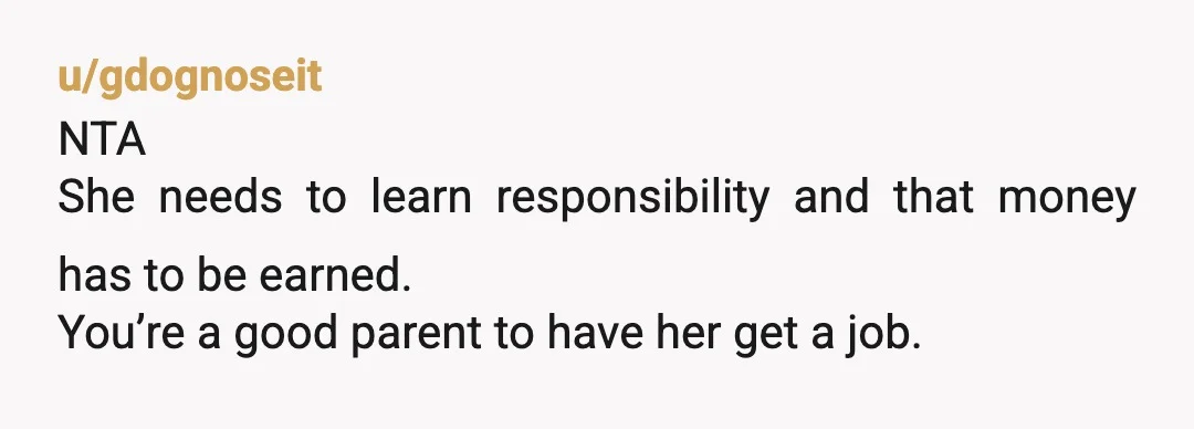 u/gdognoseit
NTA
She needs to learn responsibility and that money has to be earned.
You’re a good parent to have her get a job.