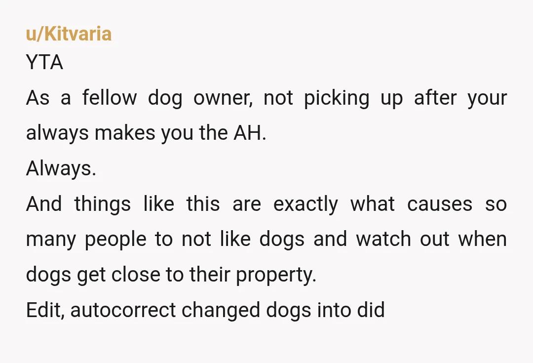 u/Kitvaria YTA As a fellow dog owner, not picking up after your always makes you the AH. Always. And things like this are exactly what causes so many people to...