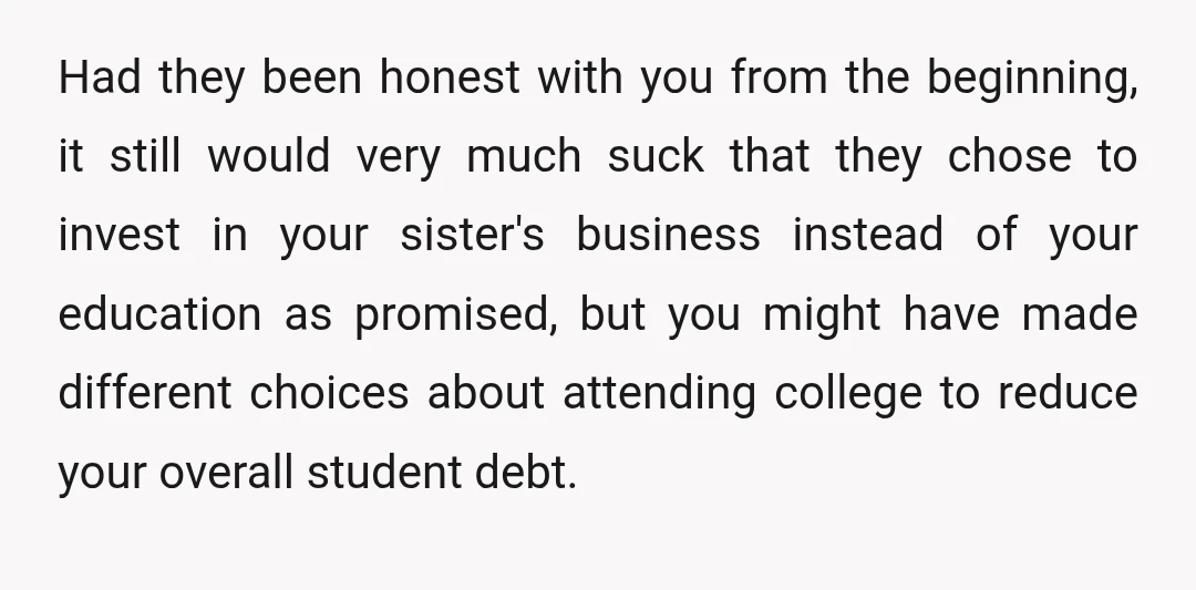 And, if your sister's business failed to pay back the investment, the whole "you're lucky" and "their money" is just pure BS. NTJ, and IMO, I'd go no/low contact with...