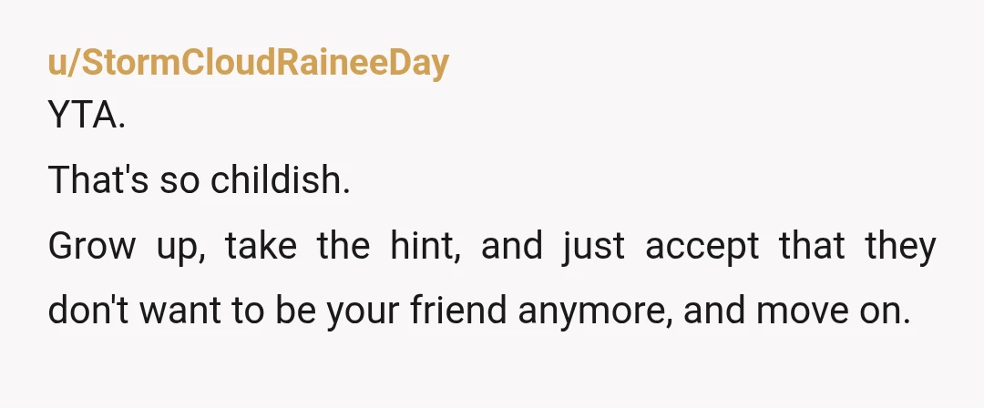 u/StormCloudRaineeDay
YTA.
That's so childish.
Grow up, take the hint, and just accept that they don't want to be your friend anymore, and move on.