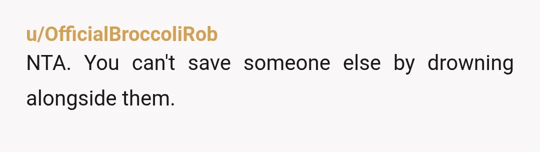 u/akaredshasta YWNBTA for leaving. Not in the slightest. Don't set yourself on fire to keep another warm. You are not his therapist or his mother or his parole officer; he...