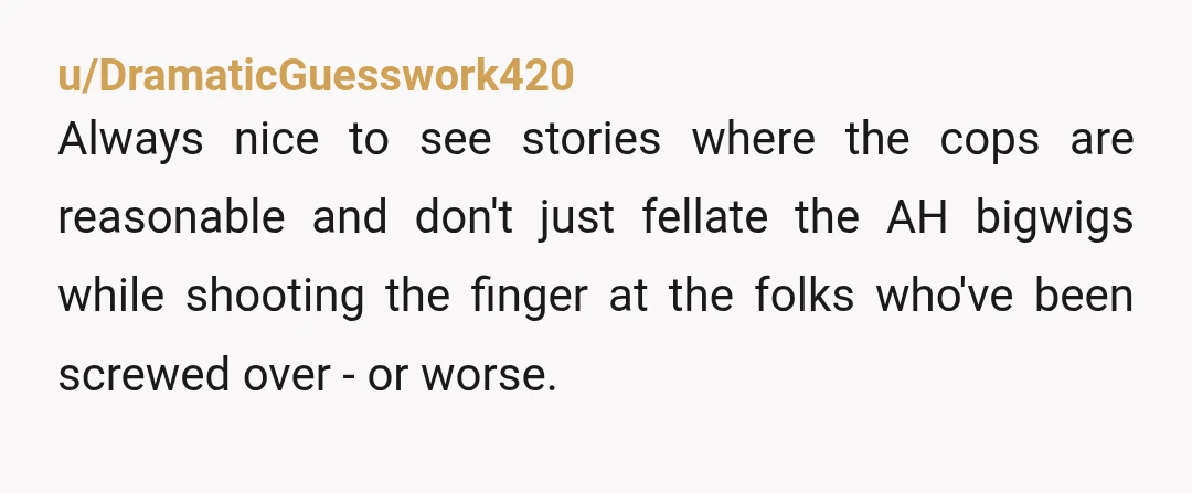 u/DramaticGuesswork420 Always nice to see stories where the cops are reasonable and don't just fellate the AH bigwigs while shooting the finger at the folks who've been screwed over -...