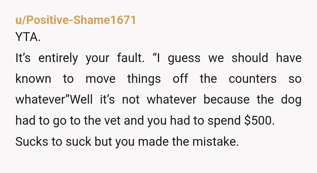 u/chocolate_chip_kirsy
ESH. Pet-proof your houses. Board them at a responsible kennel instead of trading off dog-sitting.