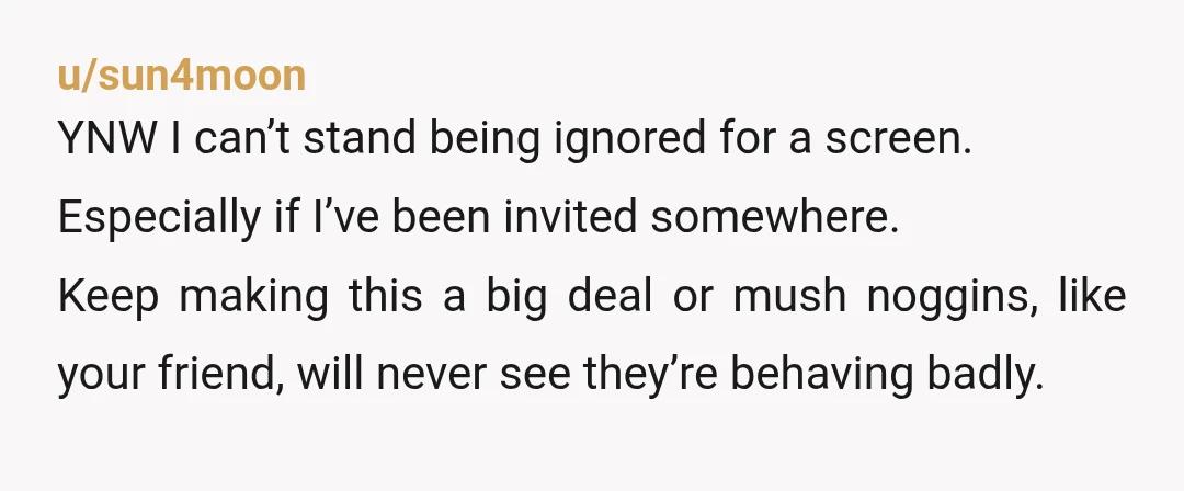 u/sun4moon YNW I can’t stand being ignored for a screen. Especially if I’ve been invited somewhere. Keep making this a big deal or mush noggins, like your friend, will never...